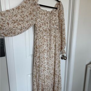 Lulu's Cream Maxi Dress with Brown Floral Print